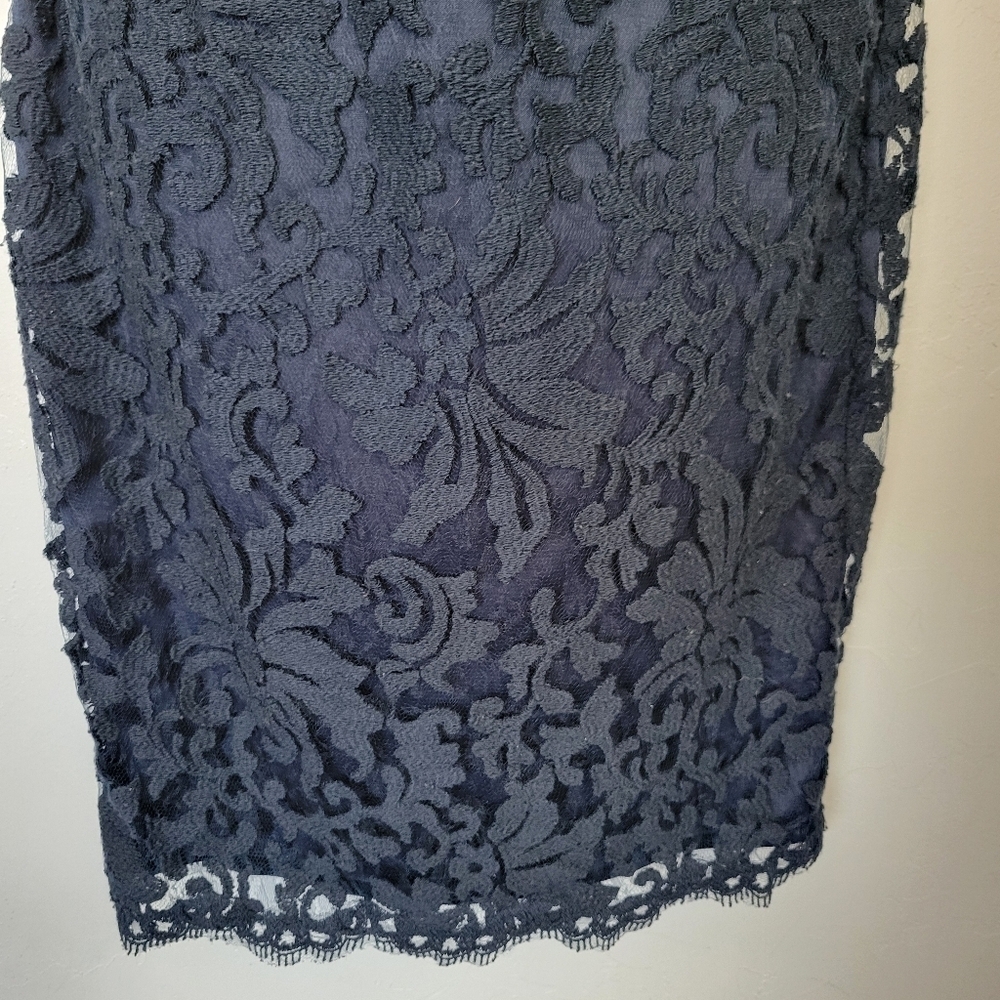 Tadashi Shoji Women's 6 Navy Blue Embroidered Lace Sheath Dress Midi Knee Length - Picture 5 of 15